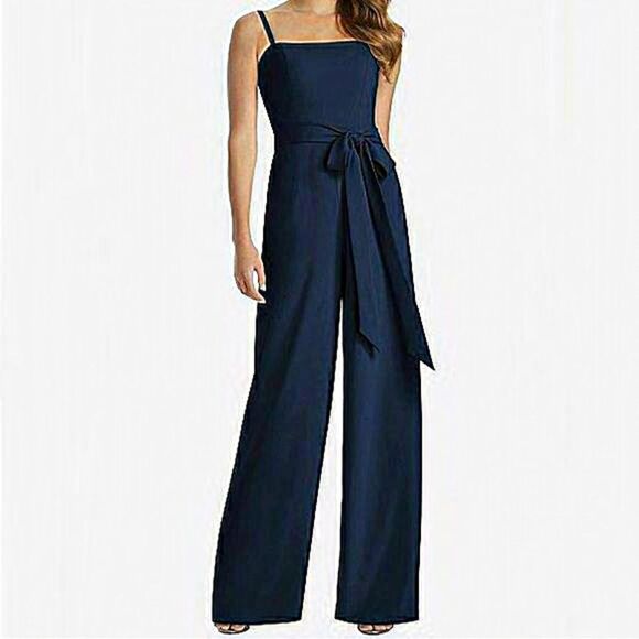 New Dessy Collection Midnight Navy Spaghetti‎ Strap Crepe Sash Jumpsuit Size 12 - Picture 1 of 9